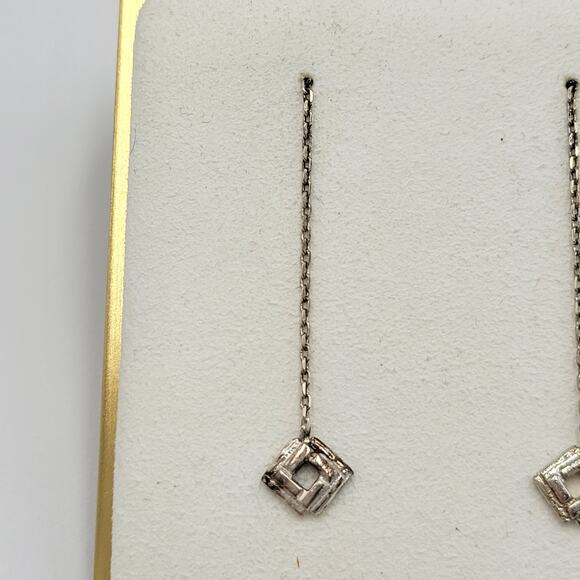 Womens Sterling Silver Pull Through Long Chain Cube Dangle Drop Earrings - Picture 2 of 12